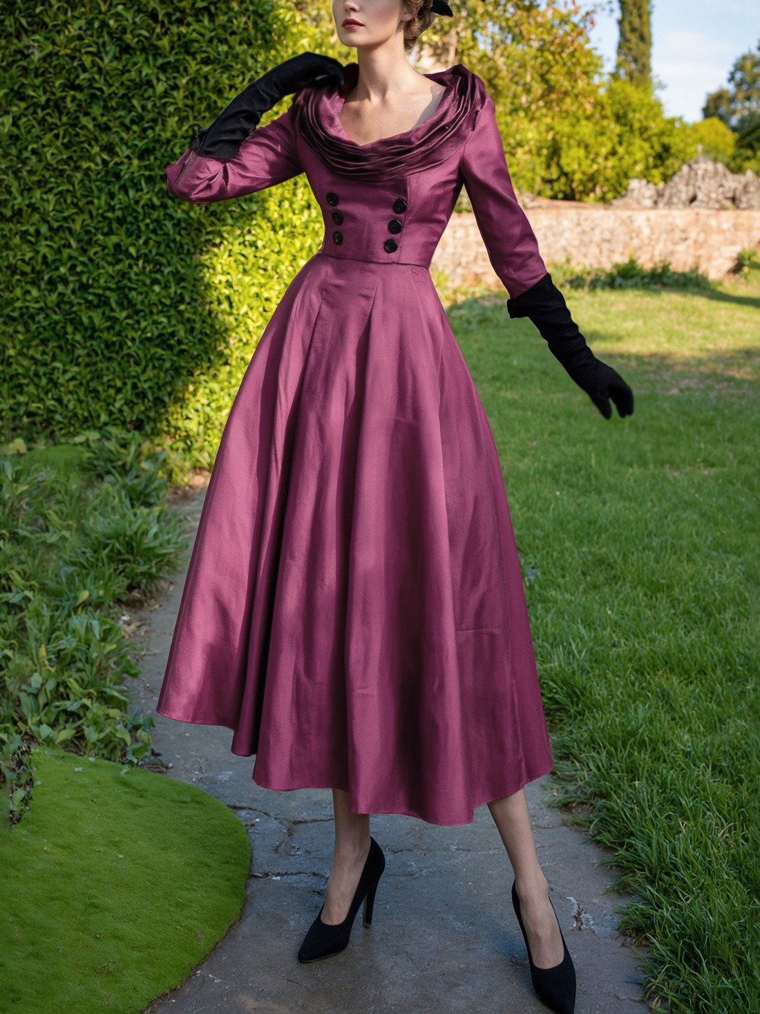 Midi Cotton Dress, Half Sleeve, Round Neck, Plain, Button Design, Vintage, Deep Purple