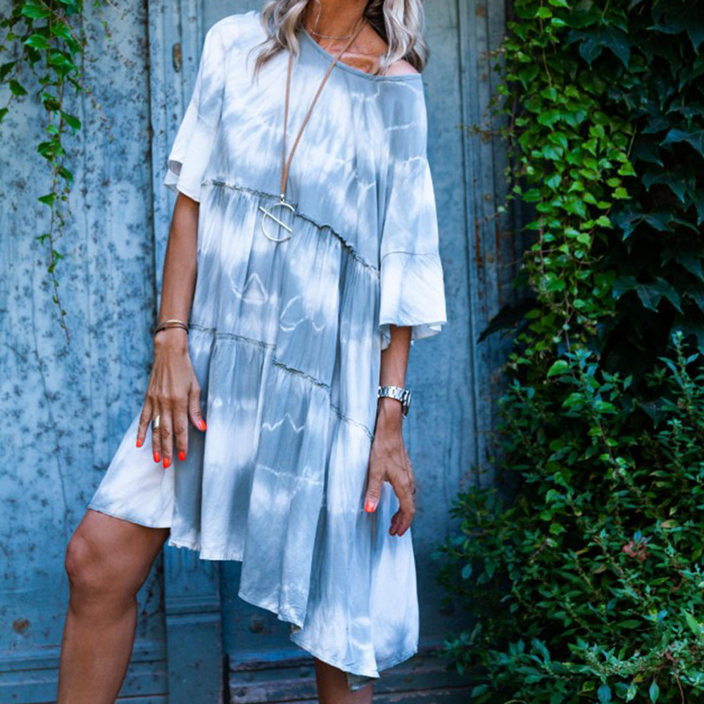 round Neck Shirt with Half Sleeve Tie-Dye Loose Dress