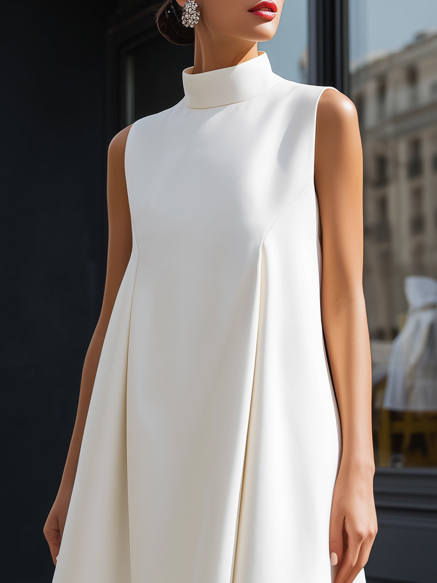 Minimalist High-Neck Sculpted A-Line Midi Dress