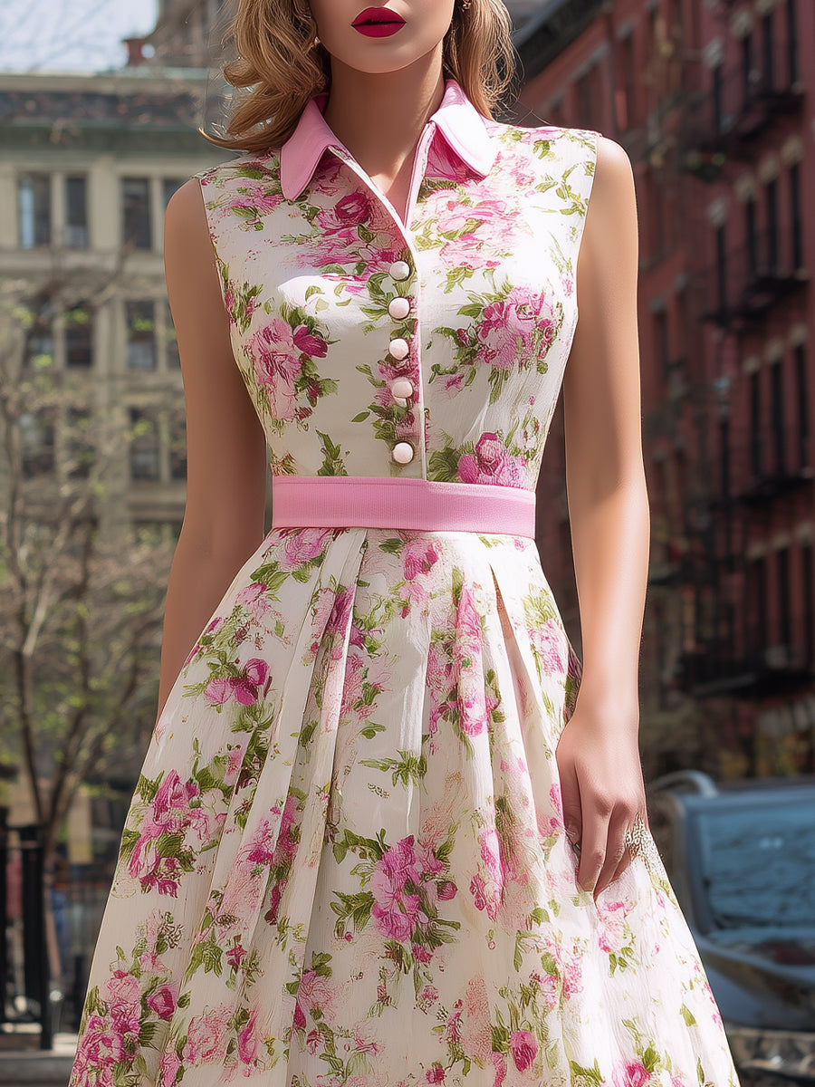 Vintage Floral Sleeveless Shirt Dress With Pleated Skirt