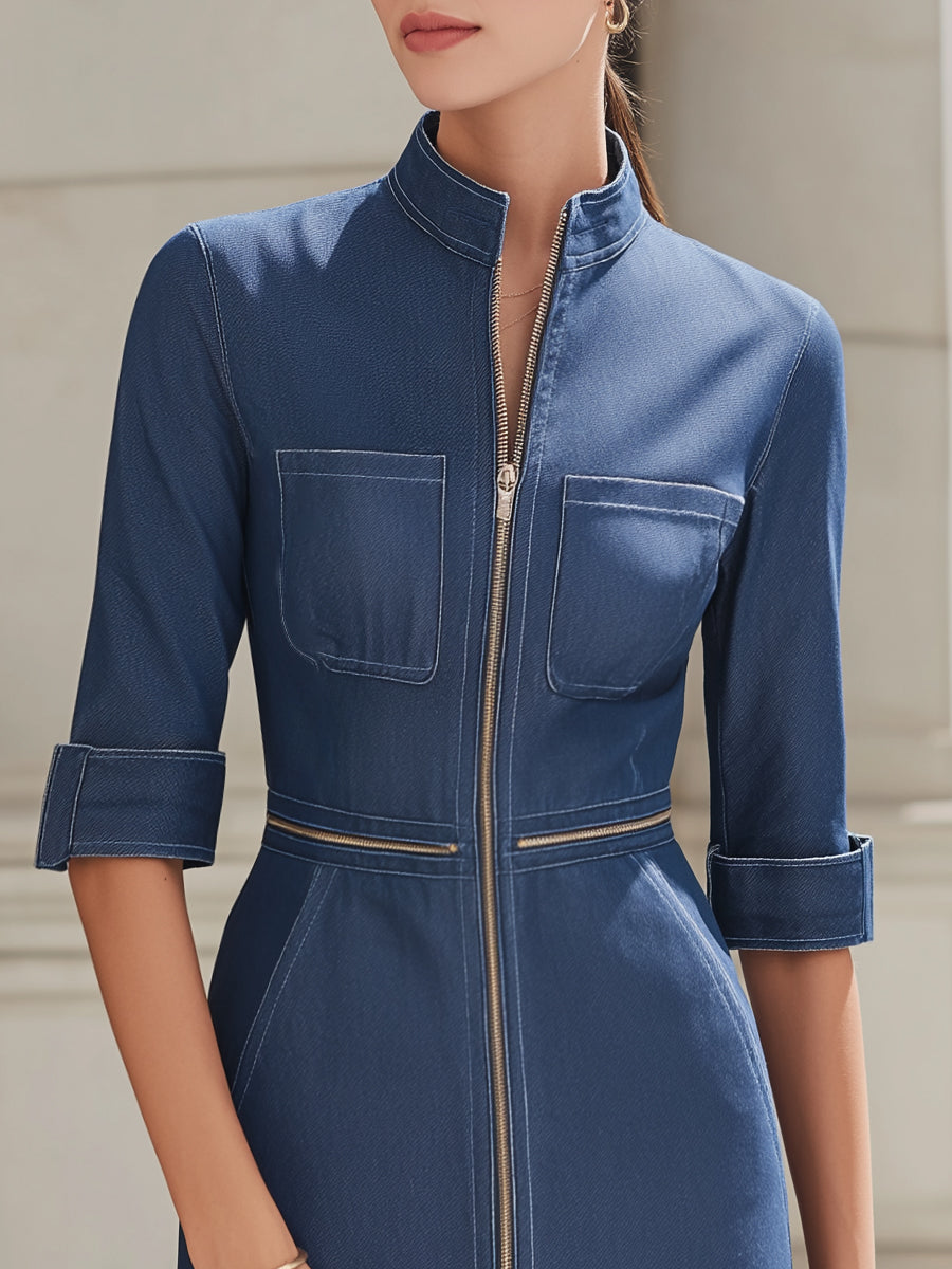 Zipper Detail Stand Collar Denim Mini Dress
