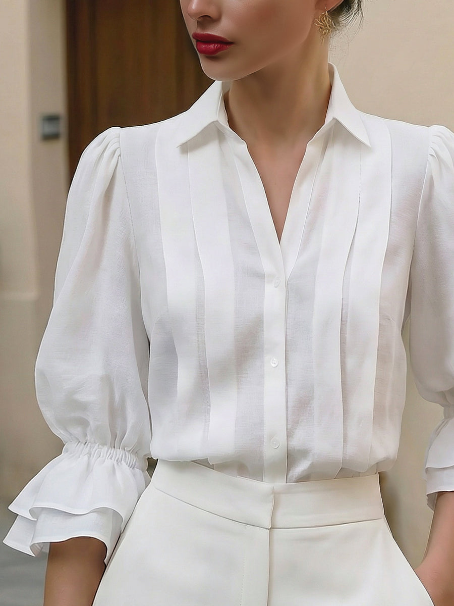 Ruffle Cuff Pintuck Button-Front Blouse