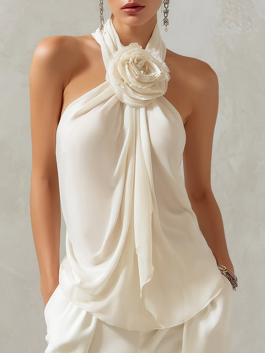 Ivory Halter Neck Draped Top With Floral Detail