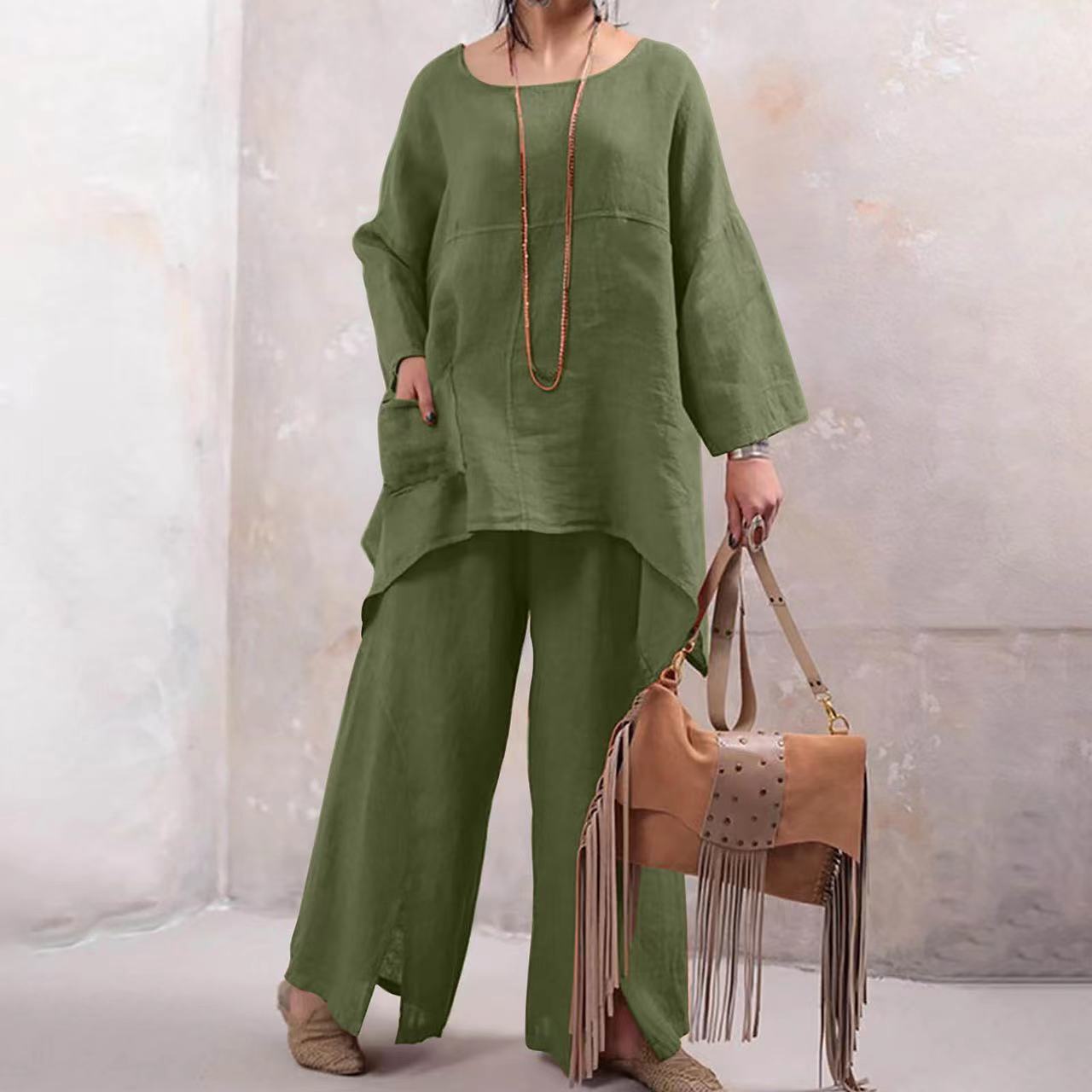 Spring and Autumn Long Sleeve Round Neck Top + Pants Two-Piece Set