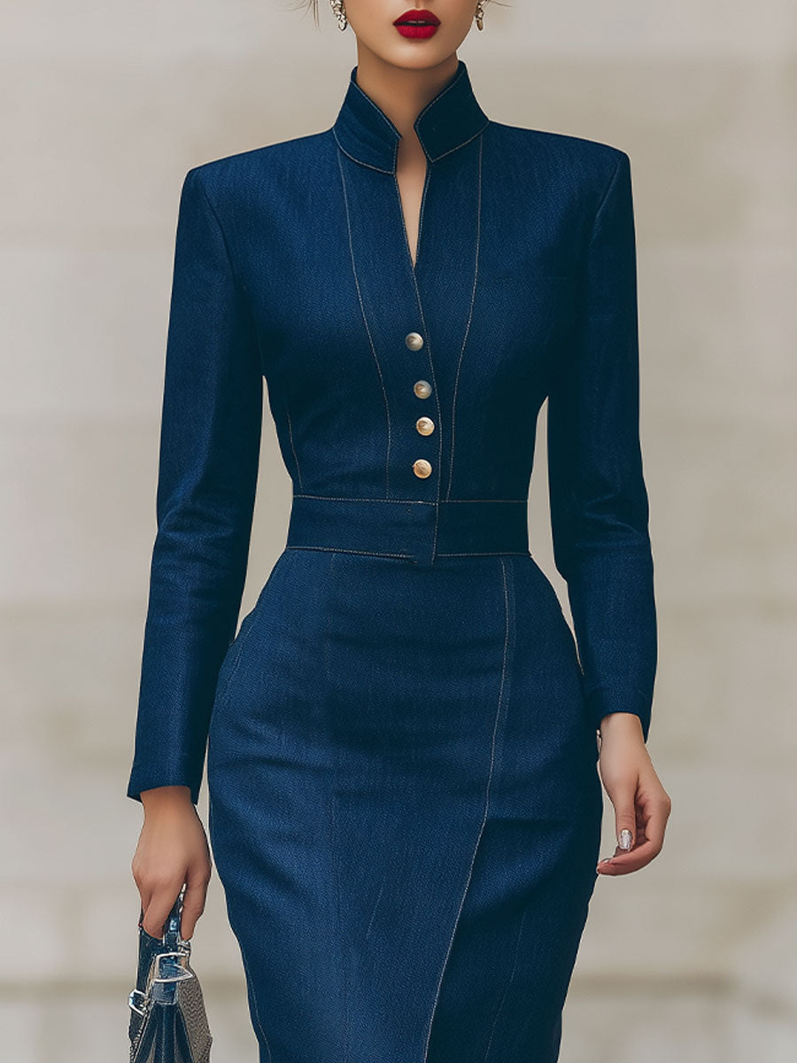 Blue  Denim Mandarin Collar Bodycon Dress