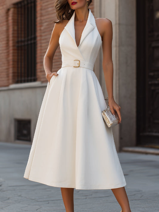 White Belted Halter Neck Midi Dress