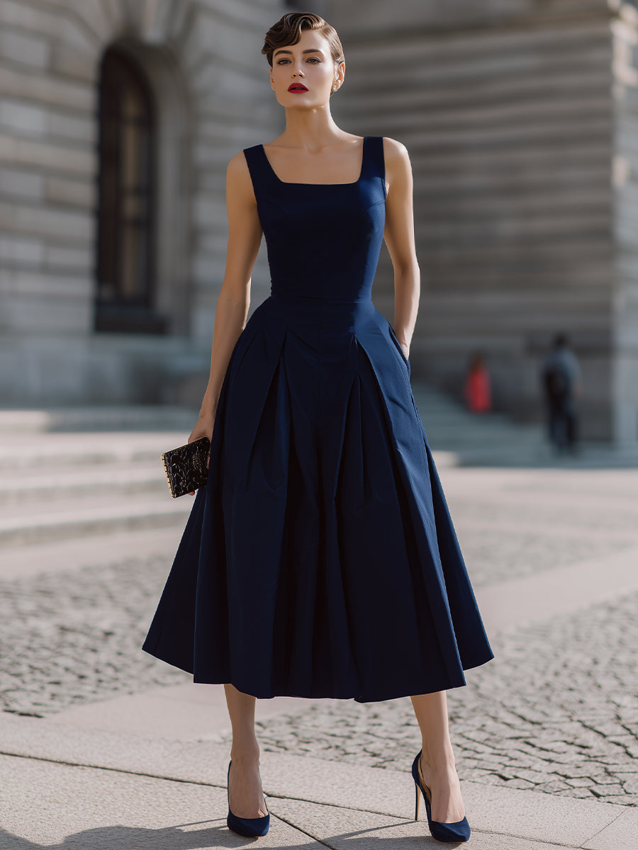 Square Neck Structured Pleated Midi Dress
