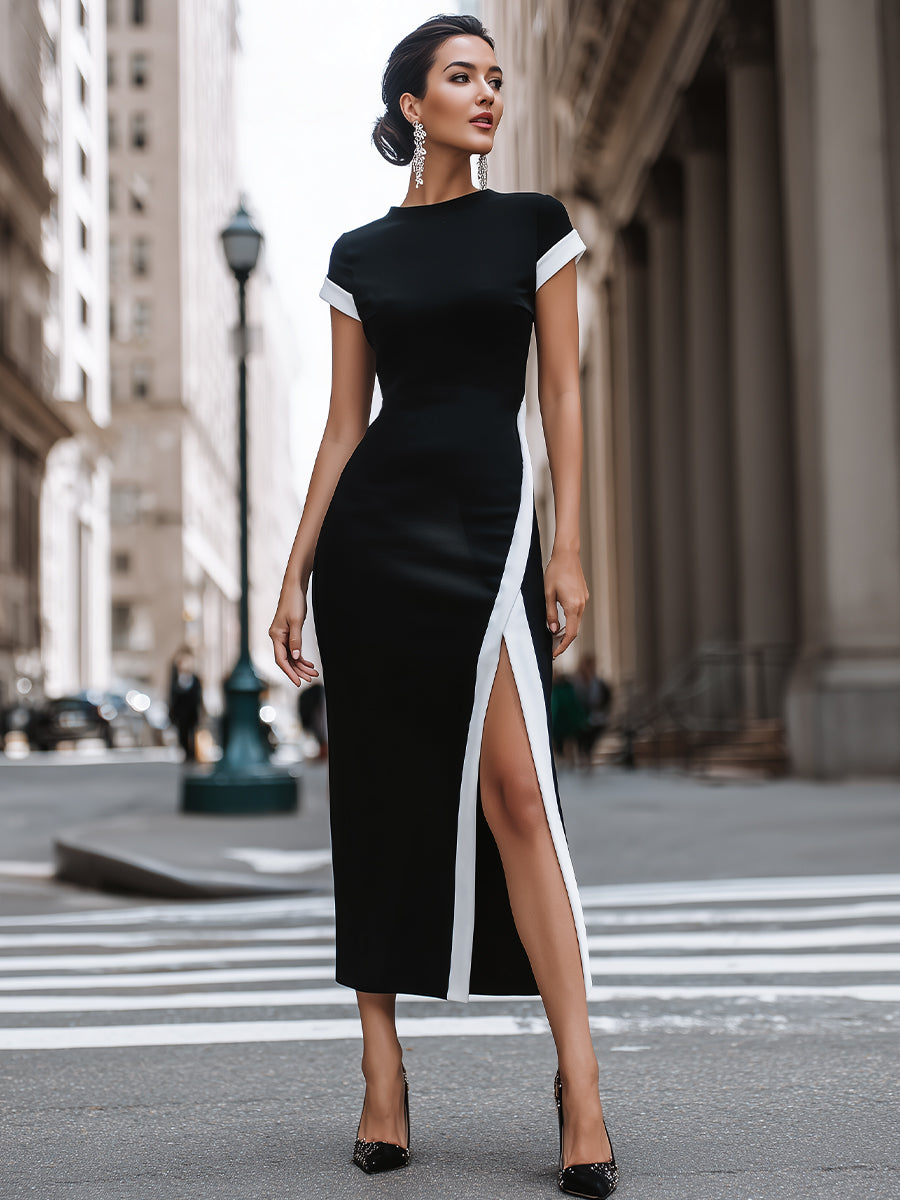 Monochrome Colorblock Column Maxi Dress With High Side Slit