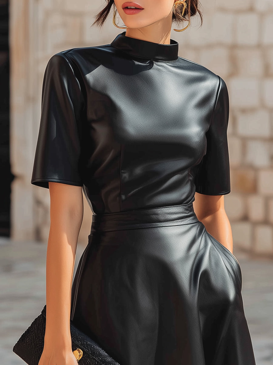 Structured Faux Leather Midi A-Line Dress