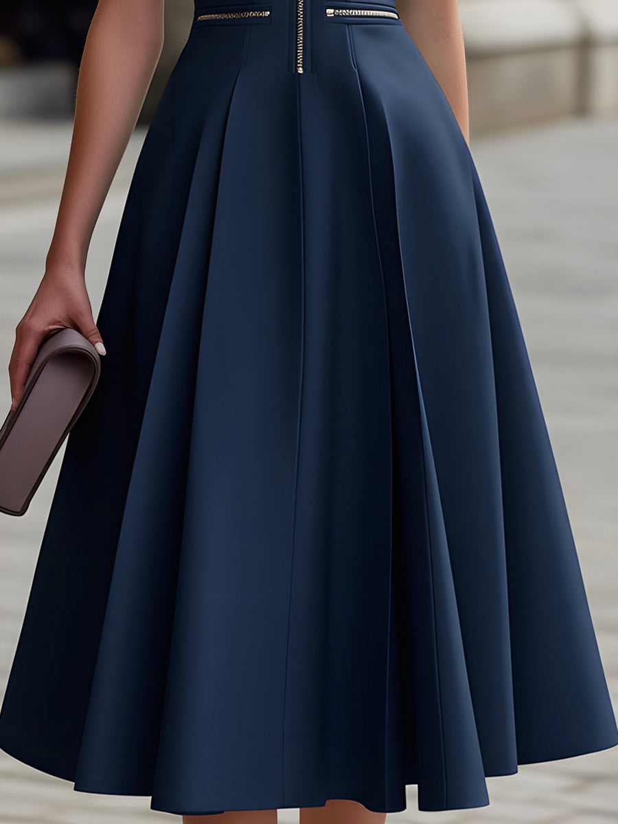 Zip-Front Short Sleeve Fit & Flare Midi Dress