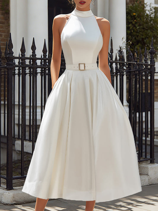 Ethereal Grace Halter-Neck Satin Midi Dress With Belted Waist
