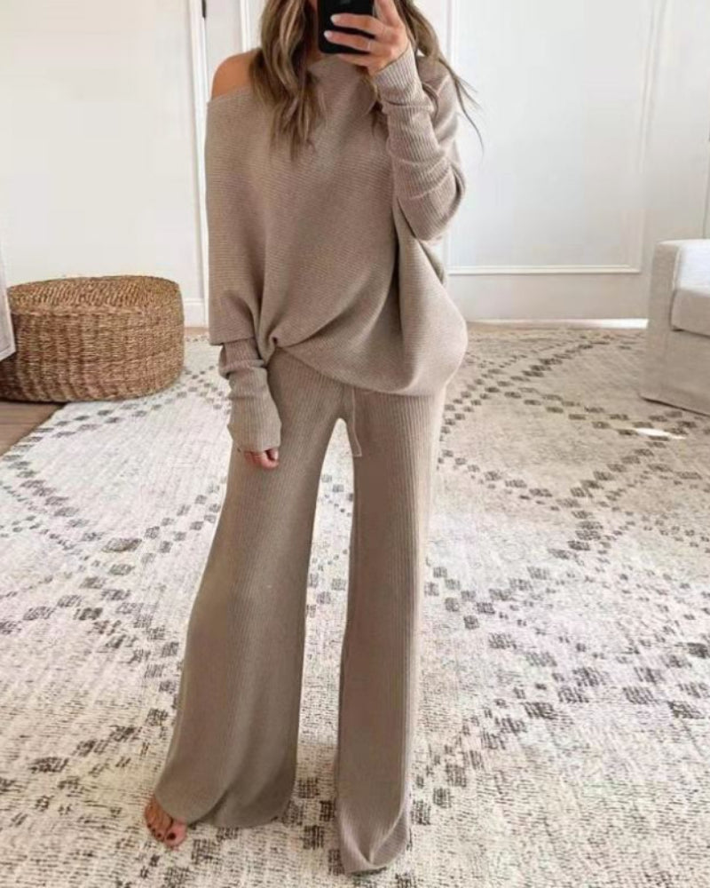 Plus Size  off-Shoulder Women's Knitted Blouse Pants Length Two-Piece Suit