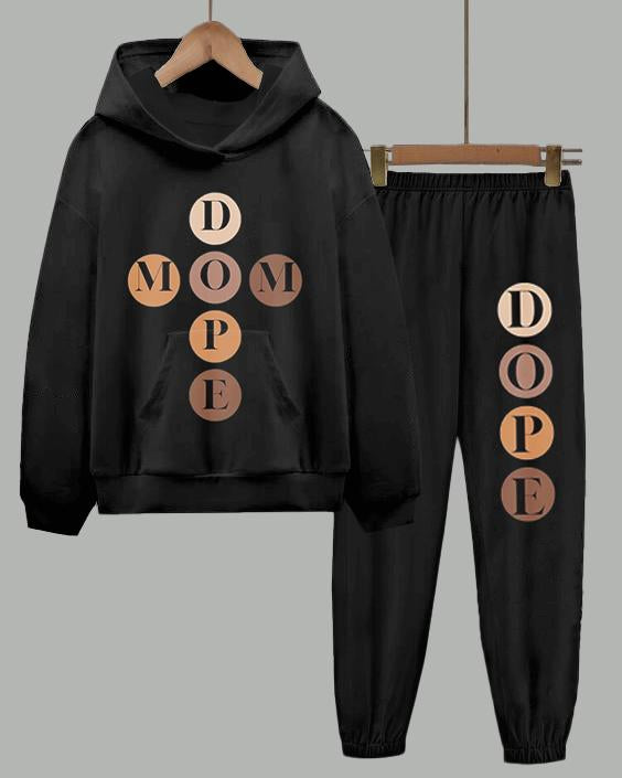 Mom Dope Letter Print Long Sleeve Hoodie Two Pieces Set