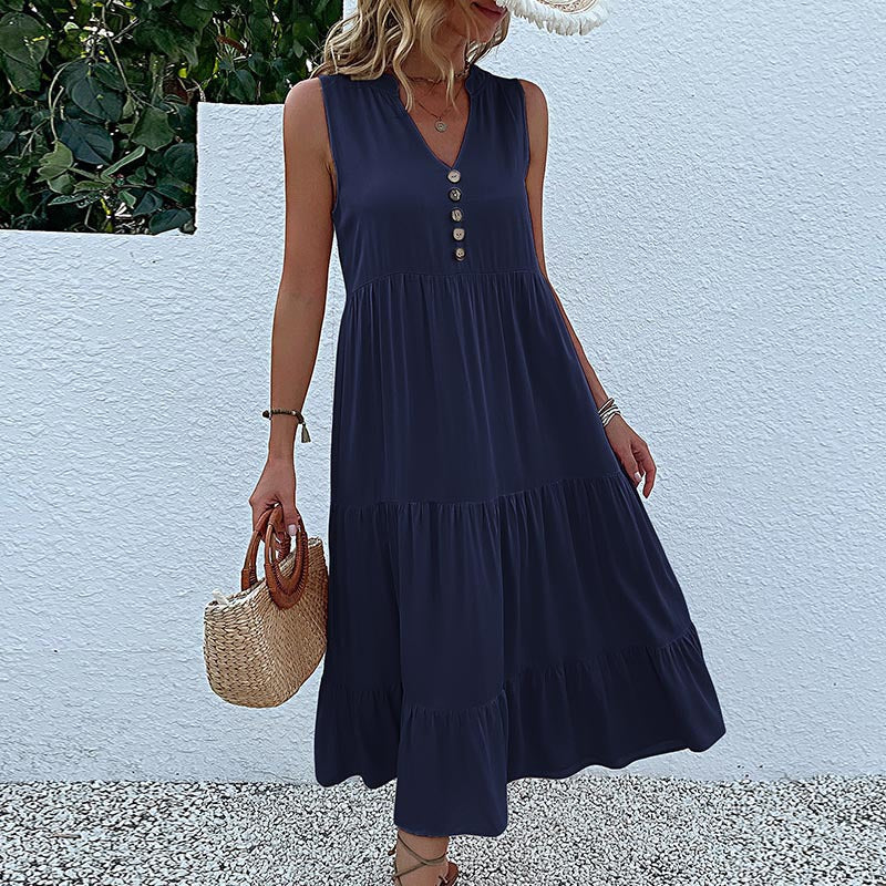 Sleeveless Draped Dress Loose V-neck Mid-Length Dress