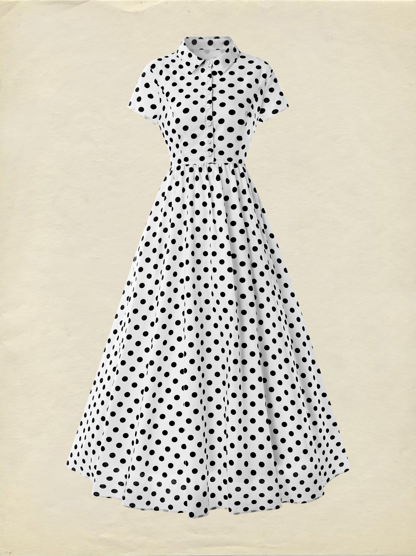 Cotton Maxi Dress, Short Sleeve, Shawl Collar, Polka Dot, Vintage, White