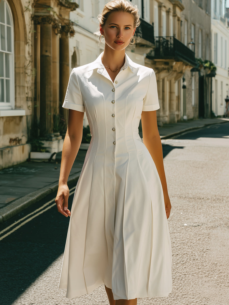 White Tailored Button-Front Midi Dress With Short Sleeves