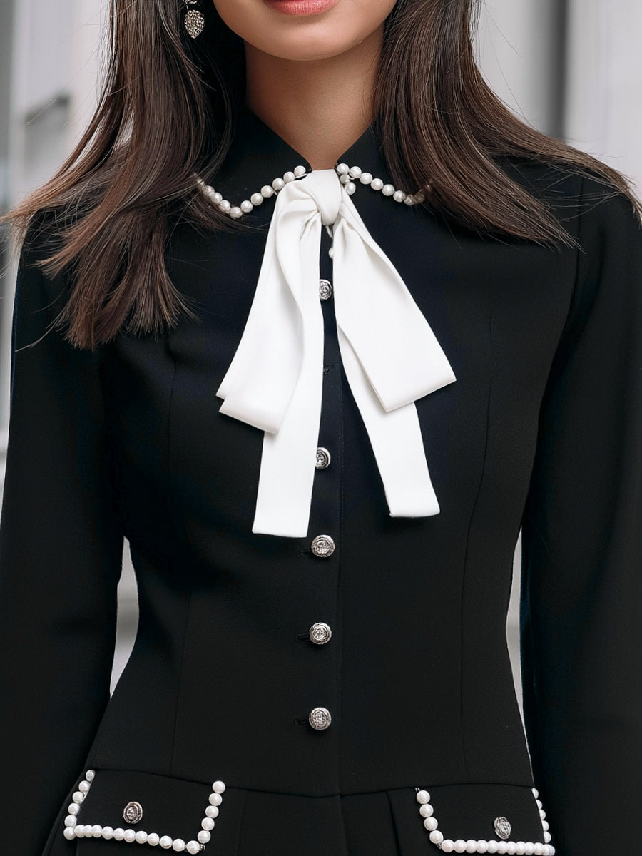 Pearl-Trim Bow Detail A-Line Dress