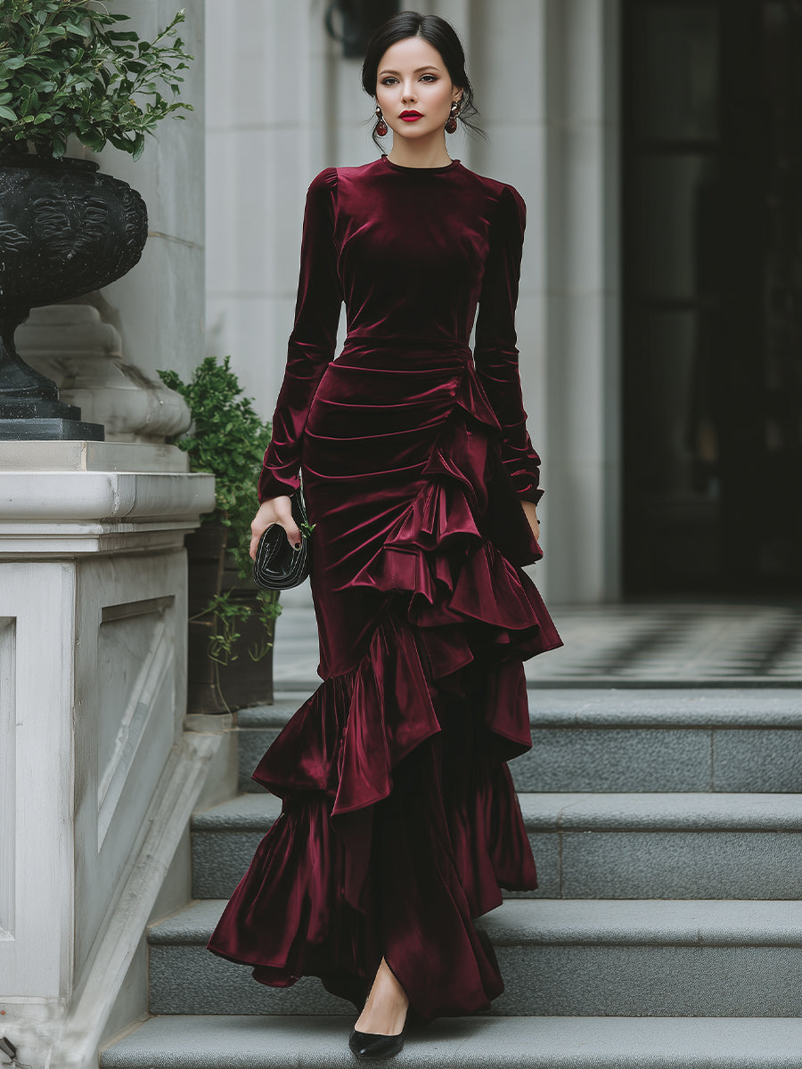 Long Sleeve Ruffled Tier Evening Gown