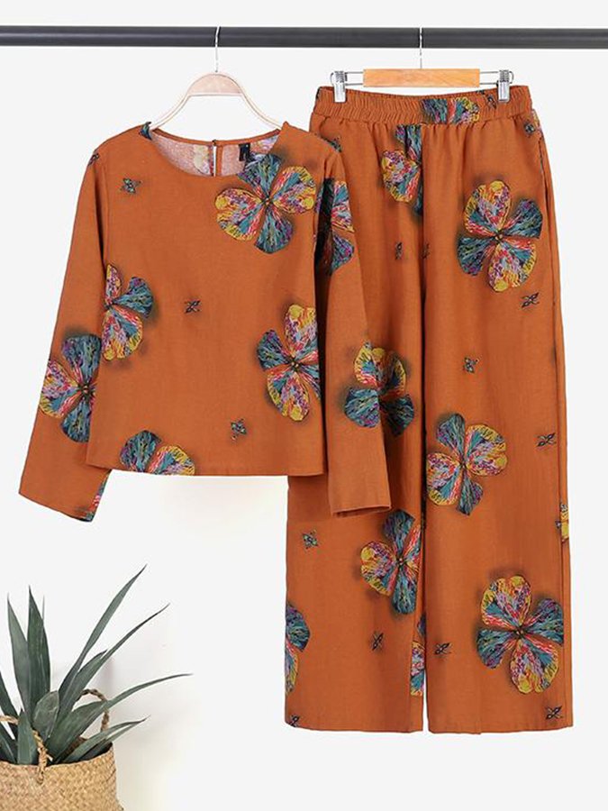 women's Vintage Flower Print Two-piece Set Suit