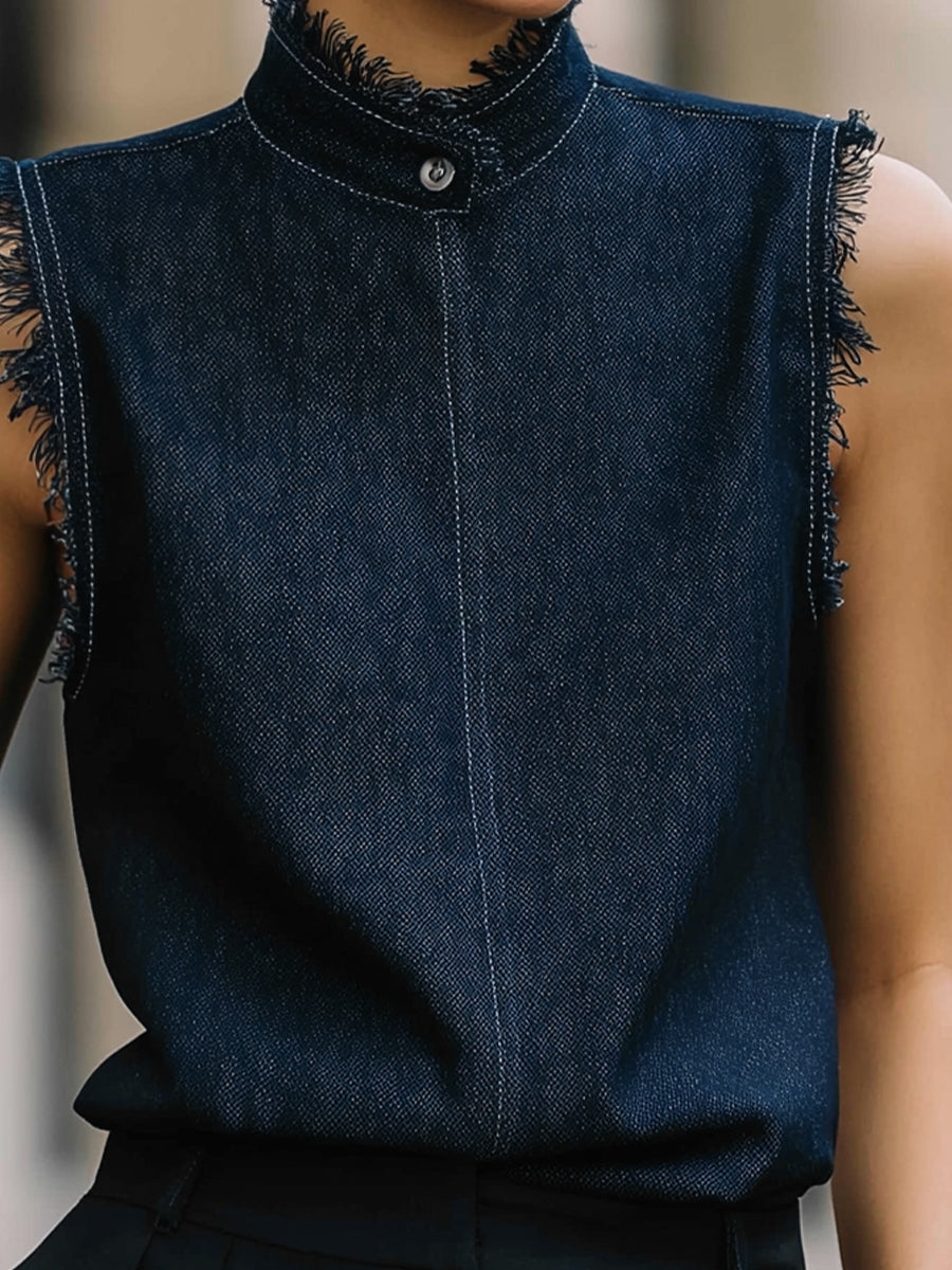 Sleeveless Fringe-Trim Denim Top