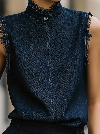Sleeveless Fringe-Trim Denim Top