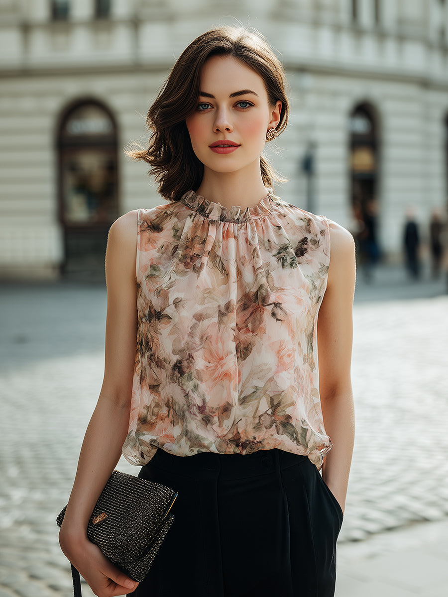 Ruffled High-Neck Floral Sleeveless Blouse