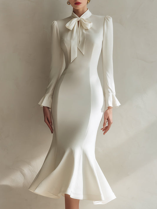 Ivory Bow-Neck Long Sleeve Mermaid Midi Dress