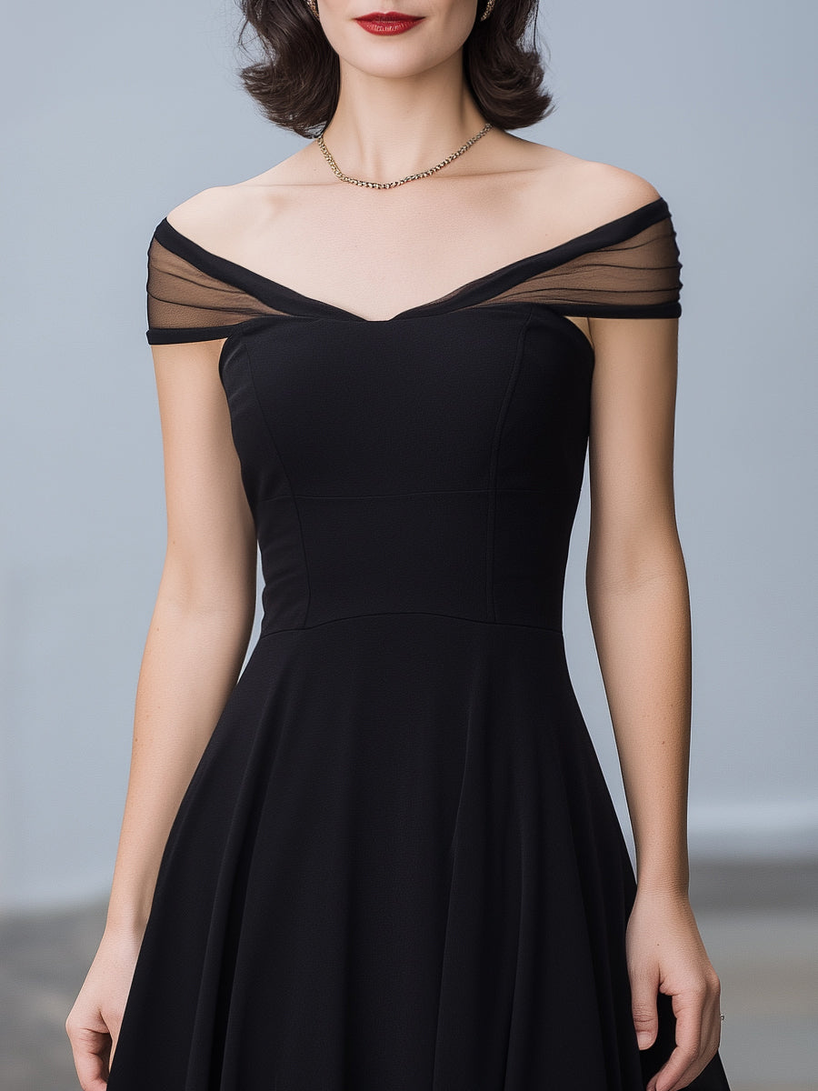 Off-Shoulder Mesh Trim A-Line Midi Dress