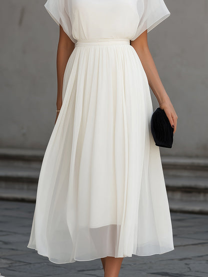 High Neck Sheer Sleeve Pleated Midi Dress