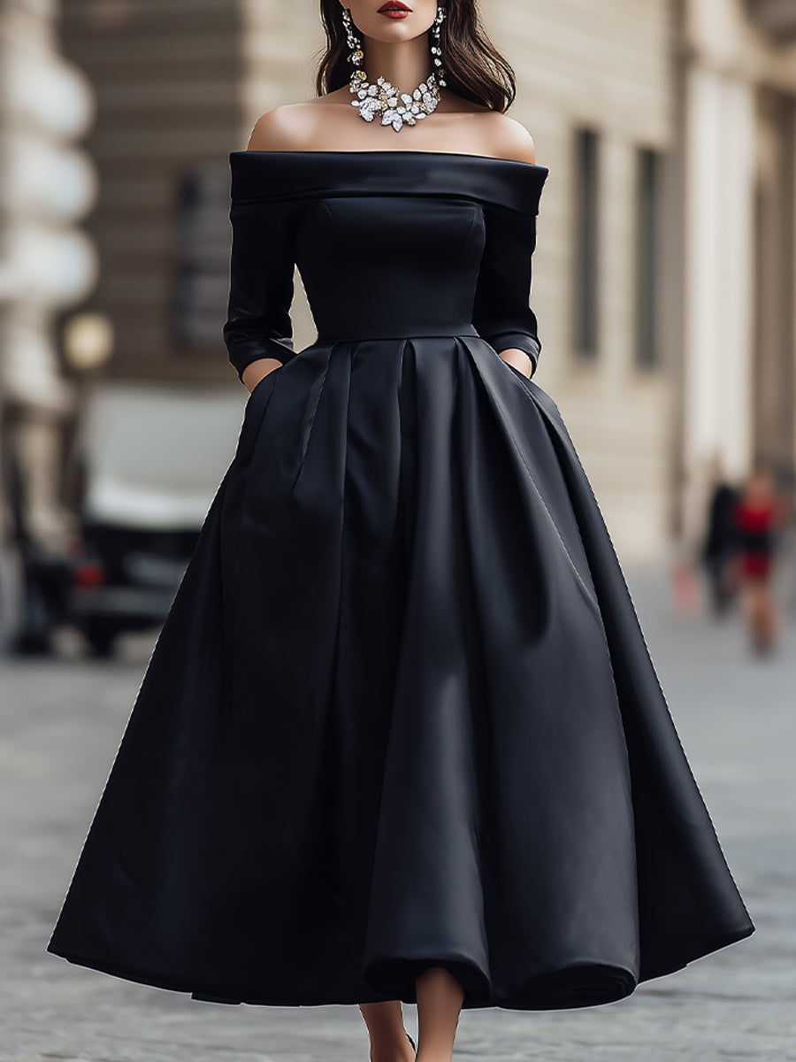 Elegant Off-Shoulder Satin Midi Dress
