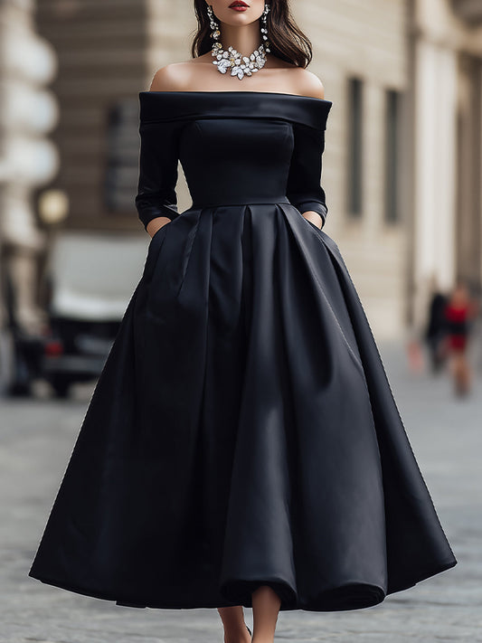 Elegant Off-Shoulder Satin Midi Dress