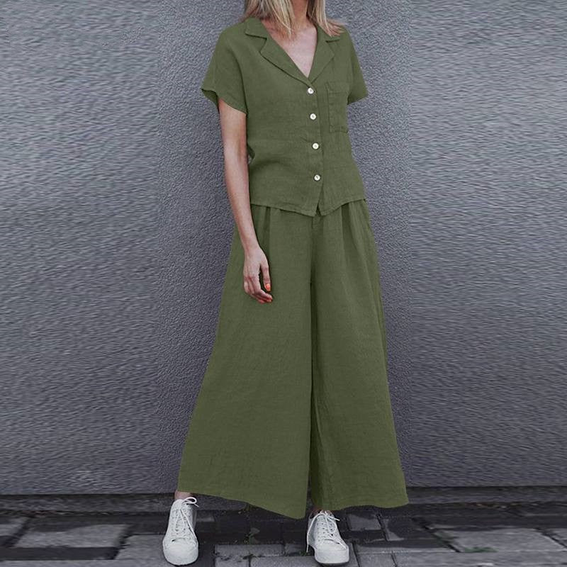 Plus Size Lapel Short Sleeve Shirt High Waist Loose Trousers Two-Piece Suit