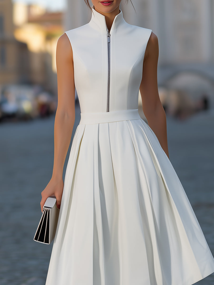 White Sleeveless Stand Collar Zip-Front Pleated Midi Dress