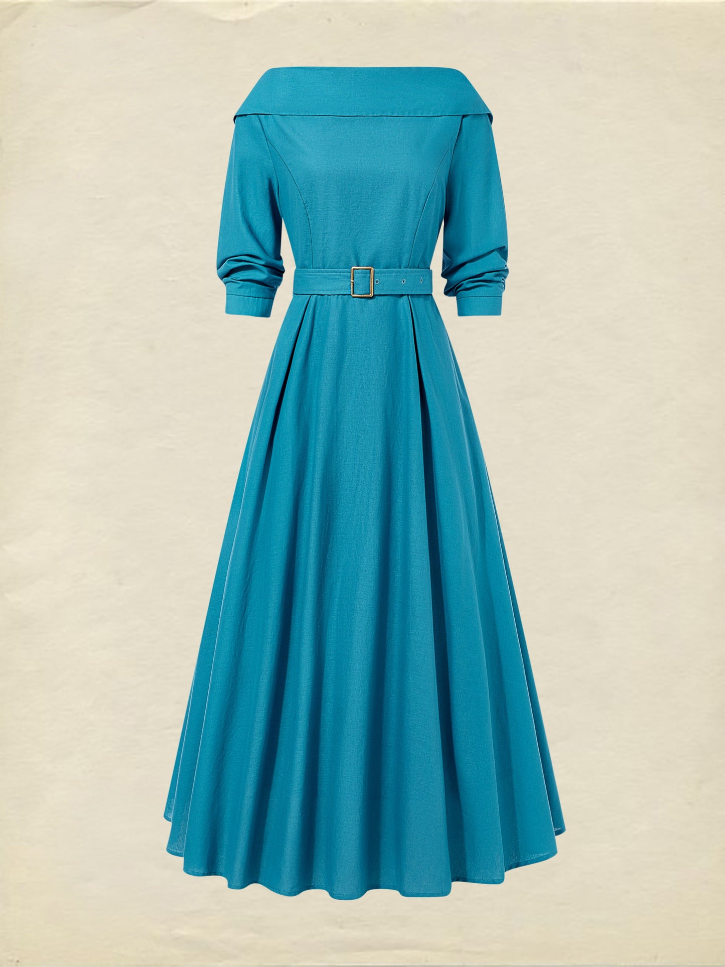 Midi Linen Dress , Half Sleeve, Shawl Collar, Plain, Belt Design, Vintage, Cyan