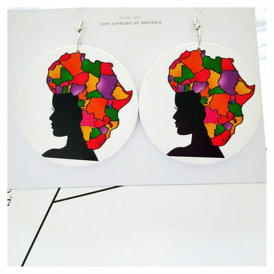 African head pattern geometric circular wooden earrings