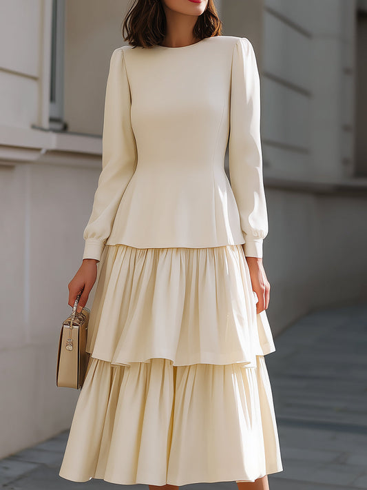 Elegant Ivory Peplum Tiered Midi Dress