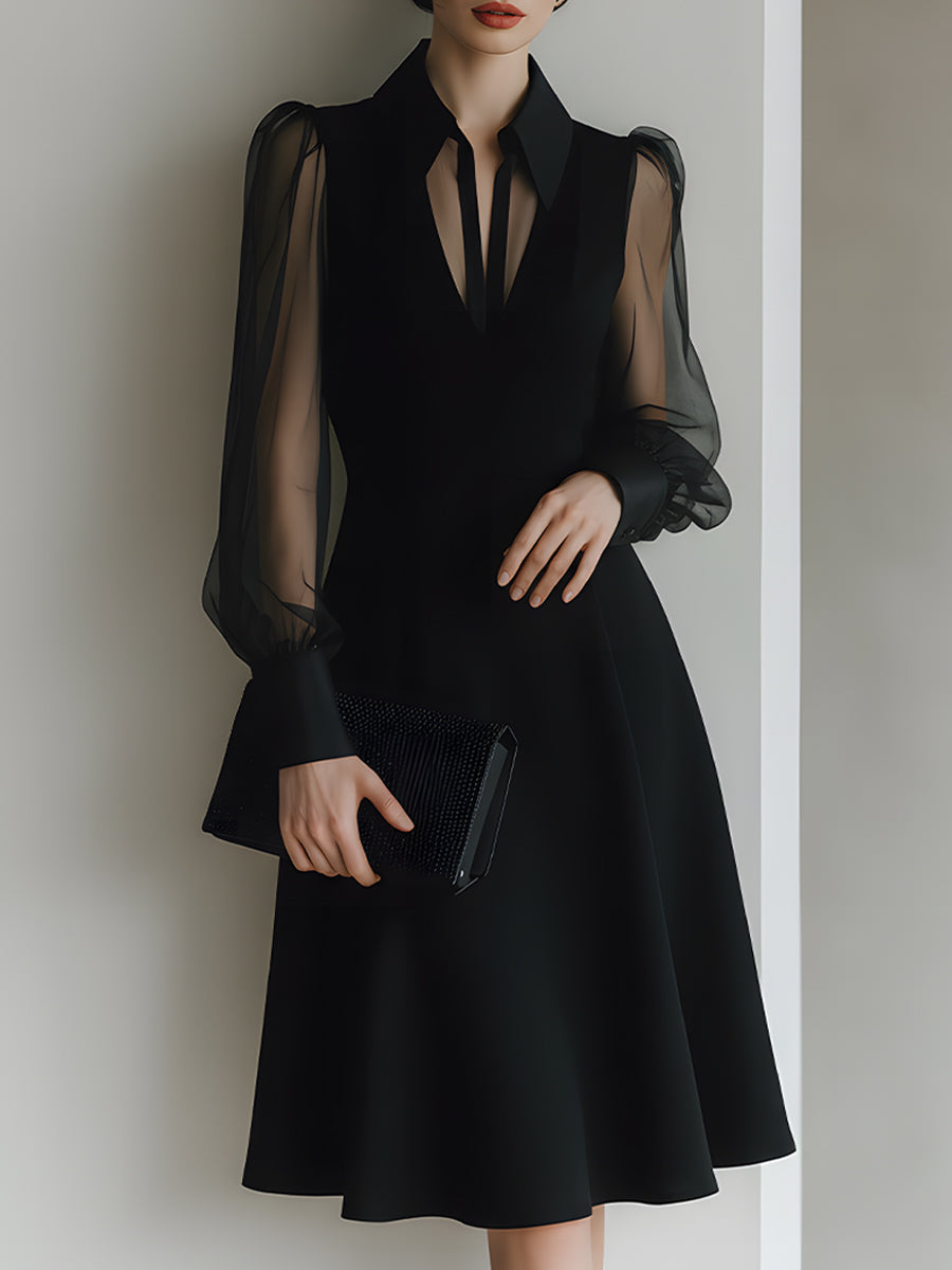 Sheer Sleeve Collared A-Line Midi Dress
