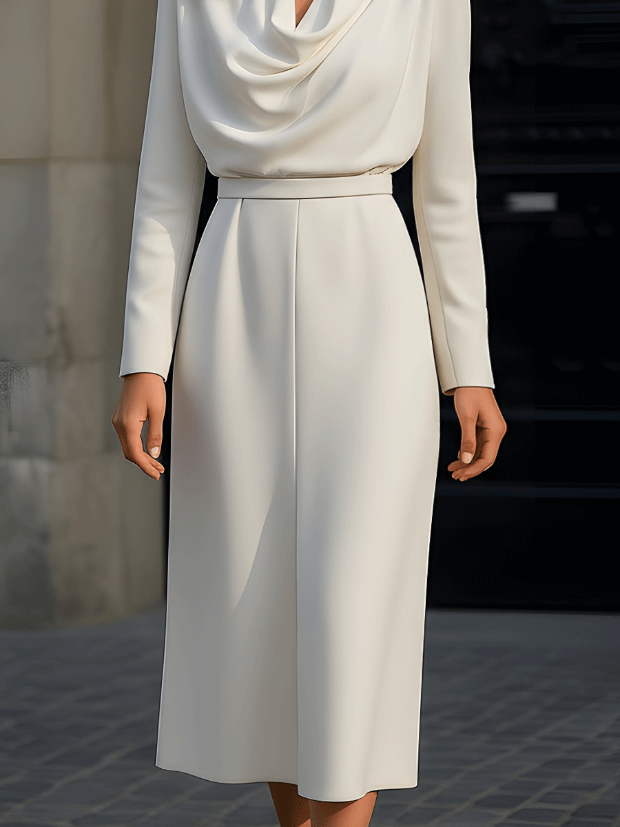 Ivory Draped Neck Midi Dress