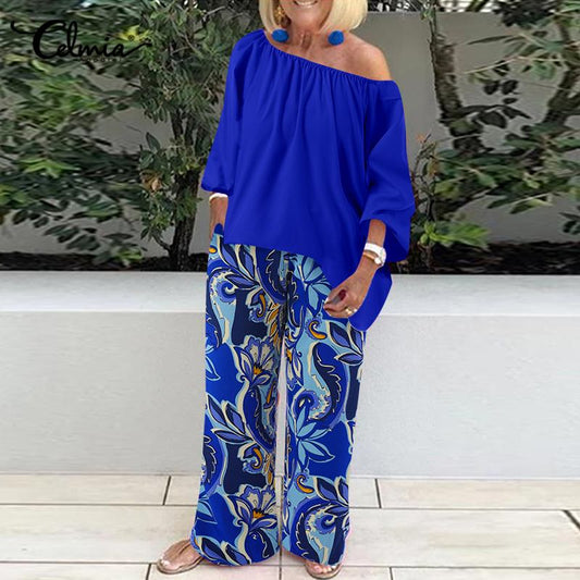 One-Shoulder Three-Quarter Sleeve Top and Wide-Leg Pants Suit