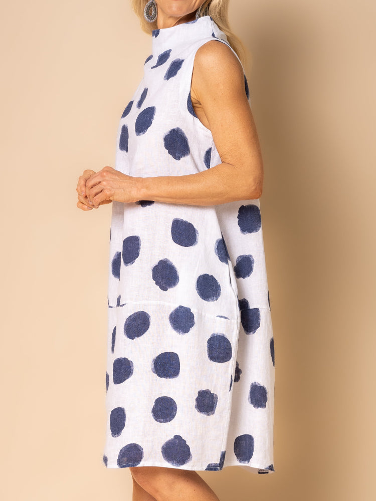 Half Turtleneck Polka Dot Sleeveless Tunic Dress