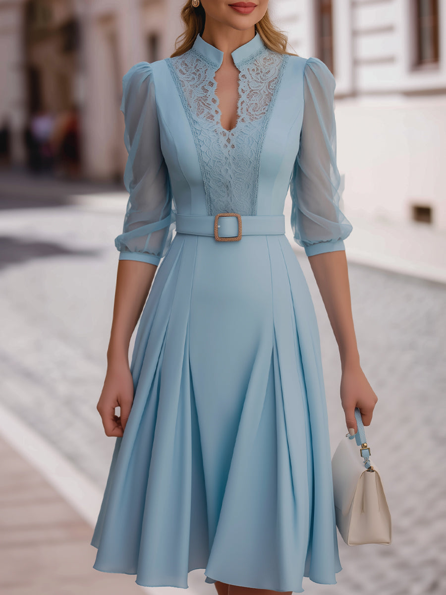 Lace Panel Belted Midi Dress With Sheer Puff Sleeves