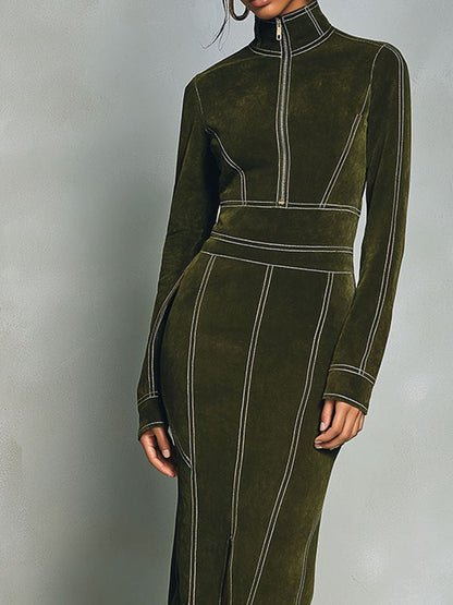 High Neck Zip-Up Olive Green Midi Dress With Contrast Stitching