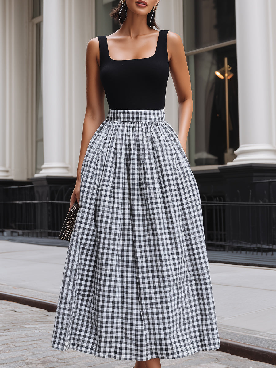 Black & White Gingham Contrast Bodice Maxi Dress