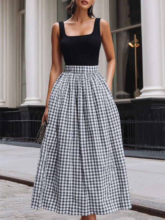 Black & White Gingham Contrast Bodice Maxi Dress