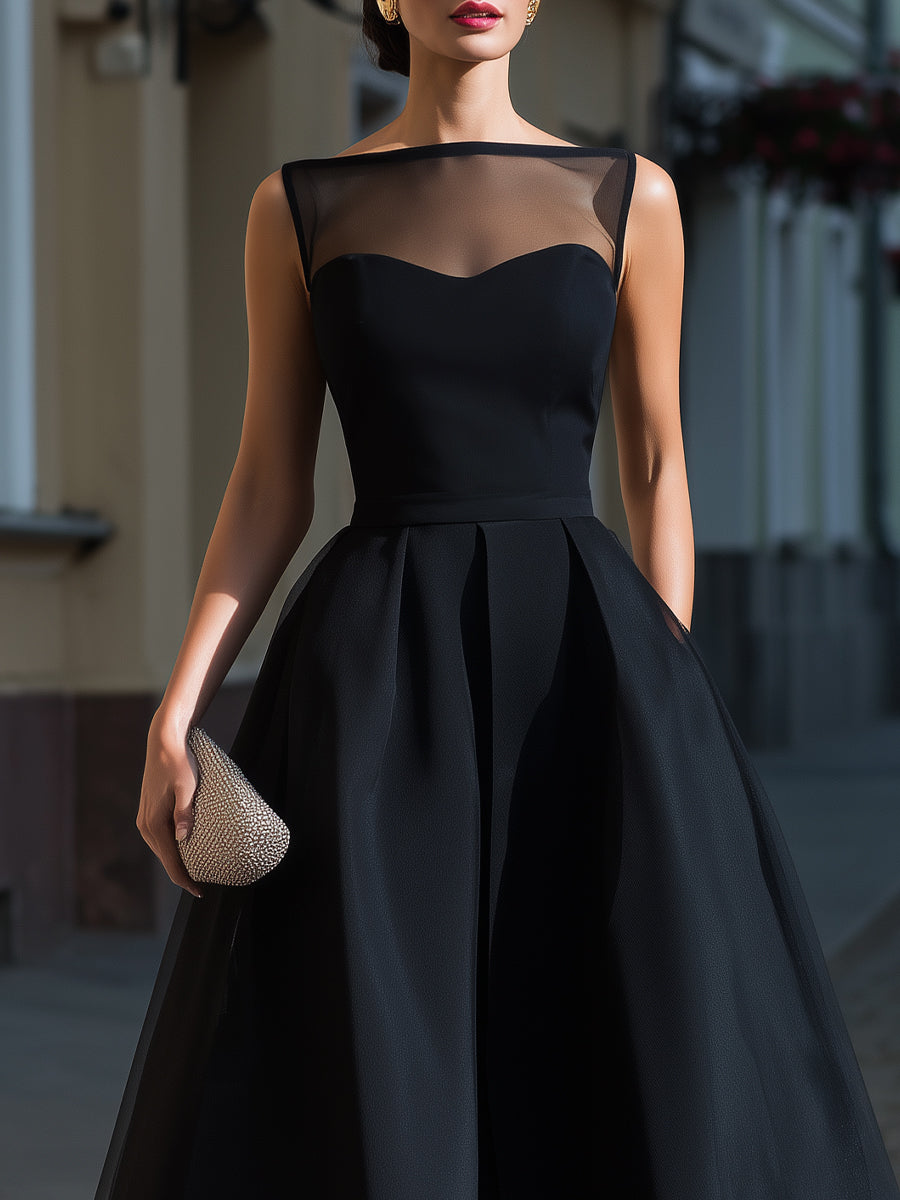 Illusion Neck Pleated A-Line Maxi Dress