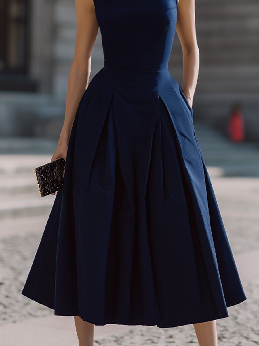 Square Neck Structured Pleated Midi Dress