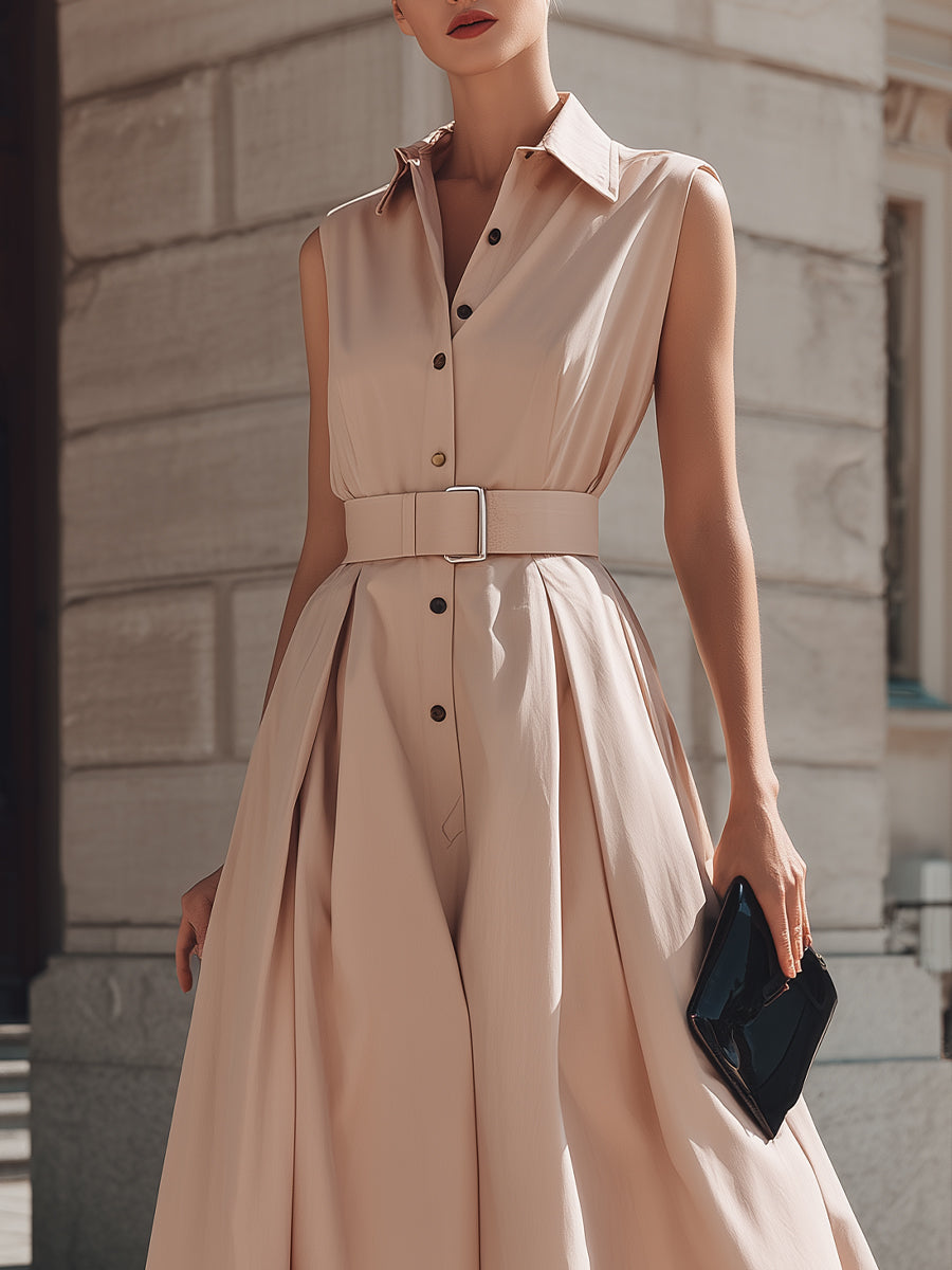 Sleeveless Belted Shirt Midi Dress