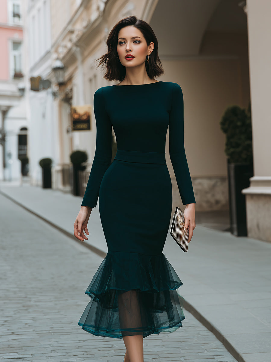 Long Sleeve Mermaid Midi Dress With Layered Sheer Hem