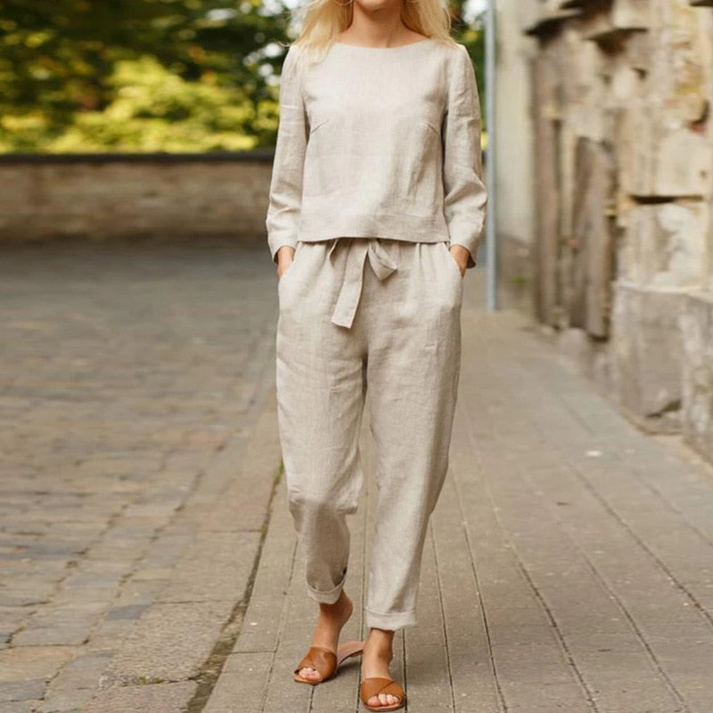 Round Neck Top and Drawstring Pants Two-piece Set