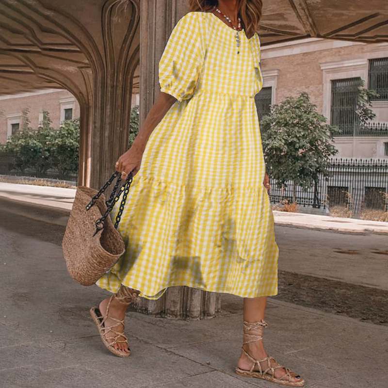 Plus Size 3/4 Sleeve Gingham Maxi Dress